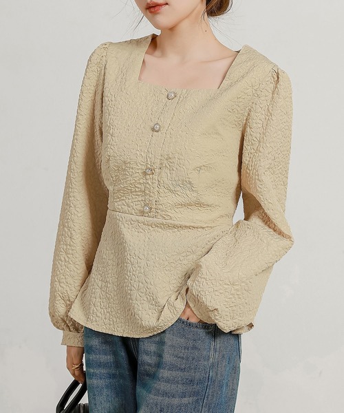 DAY CLOSET(デイ クローゼット)の「レディース 長袖ふくれジャガードウエスト切替ペプラムブラウス(シャツ/ブラウス・レディース・ブラック/ホワイト/ベージュ・S/M/L)」の19枚目の写真