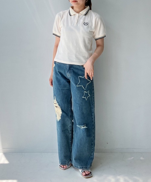 AS KNOW AS plus(アズノゥアズプラス)の「◎ワンポイントロゴ刺繍 半袖ラインポロシャツ(ポロシャツ・レディース・ネイビー/ピンク/アイボリー/グリーン・FREE)」の11枚目の写真