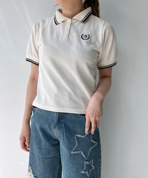 AS KNOW AS plus(アズノゥアズプラス)の「◎ワンポイントロゴ刺繍 半袖ラインポロシャツ(ポロシャツ・レディース・ネイビー/ピンク/アイボリー/グリーン・FREE)」の7枚目の写真