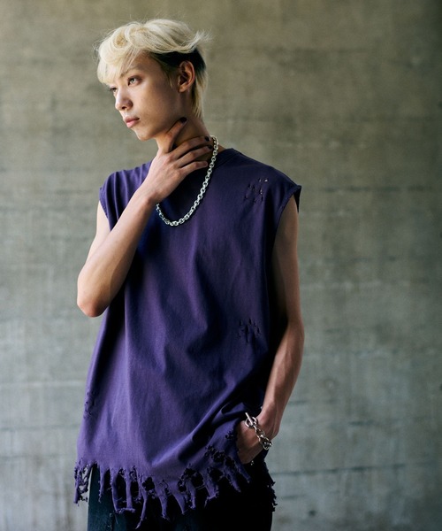 HARE（ハレ）の「【UNDERGROUND MODE】ダメージノースリーブカットソー(HARE)（Tシャツ/カットソー・メンズ・ブラック/チャコールグレー/パープル・FREE）」の3枚目の写真