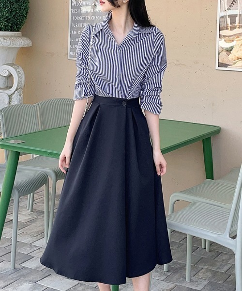 【セール】ウエストワンポイントボタンデザインストライプ切替ワンピース（ワンピース）｜ABITOKYO（アビトーキョー） 5,205円