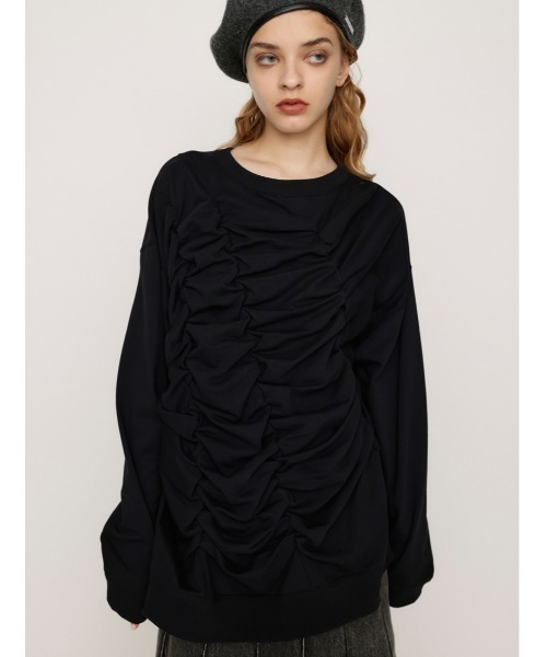 SLY（スライ）の「SHIRRING OVER SW TOPS シャーリング オーバー スウェット トップス トレーナー（スウェット・レディース・ライム/ブラック/ホワイト・FREE）」の3枚目の写真