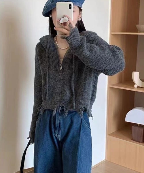 ROOPTOKYO（ループトウキョウ）の「ダメージハーフジップパーカーニット（パーカー・レディース・グレー/ブラック/アイボリー・FREE）」の3枚目の写真