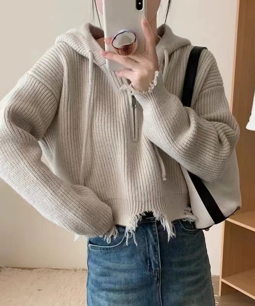 ROOPTOKYO（ループトウキョウ）の「ダメージハーフジップパーカーニット（パーカー・レディース・グレー/ブラック/アイボリー・FREE）」の2枚目の写真