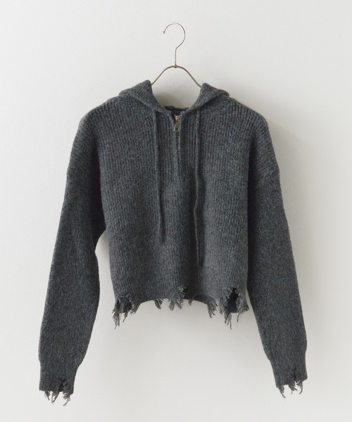 ROOPTOKYO（ループトウキョウ）の「ダメージハーフジップパーカーニット（パーカー・レディース・グレー/ブラック/アイボリー・FREE）」の4枚目の写真