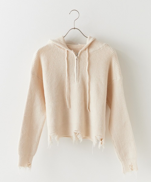 ROOPTOKYO（ループトウキョウ）の「ダメージハーフジップパーカーニット（パーカー・レディース・グレー/ブラック/アイボリー・FREE）」の13枚目の写真