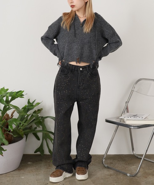 ROOPTOKYO（ループトウキョウ）の「ダメージハーフジップパーカーニット（パーカー・レディース・グレー/ブラック/アイボリー・FREE）」の6枚目の写真