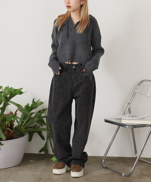 ROOPTOKYO（ループトウキョウ）の「ダメージハーフジップパーカーニット（パーカー・レディース・グレー/ブラック/アイボリー・FREE）」の7枚目の写真