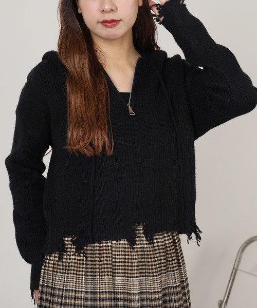 ROOPTOKYO（ループトウキョウ）の「ダメージハーフジップパーカーニット（パーカー・レディース・グレー/ブラック/アイボリー・FREE）」の21枚目の写真