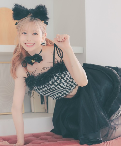 コスプレフェザー付きへそ出し千鳥柄ツイードトップス×チュールフレアスカートセットアップガーリー黒猫アニマル [4点セット]