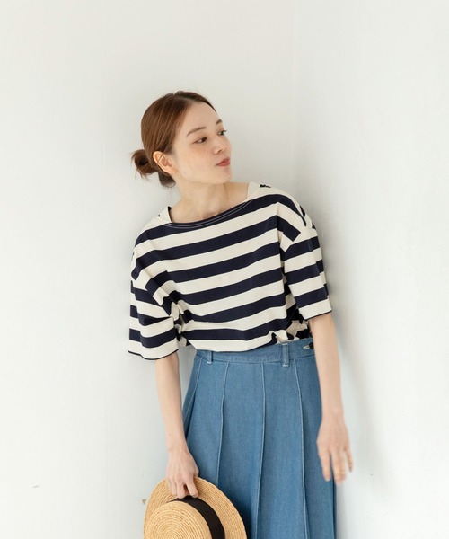 PAR ICI（パーリッシィ）の「カヴェール天竺 ボートネックボーダーTシャツ（Tシャツ/カットソー・レディース・ネイビー/グリーン・FREE）」の8枚目の写真