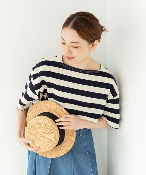 PAR ICI（パーリッシィ）の「カヴェール天竺 ボートネックボーダーTシャツ（Tシャツ/カットソー・レディース・ネイビー/グリーン・FREE）」の3枚目の写真