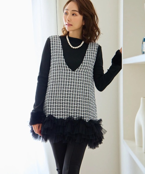 M y u（ミュー）の「裾チュールフリル　ジャンパースカート（ワンピース・レディース・ホワイト/ブラック・ML/SM）」の6枚目の写真