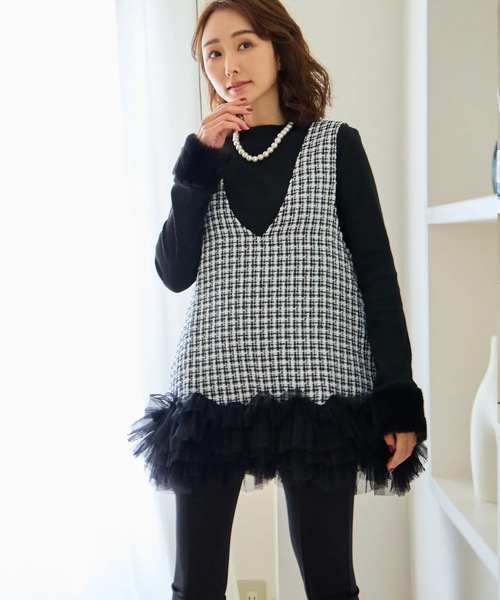 M y u（ミュー）の「裾チュールフリル　ジャンパースカート（ワンピース・レディース・ホワイト/ブラック・ML/SM）」の8枚目の写真