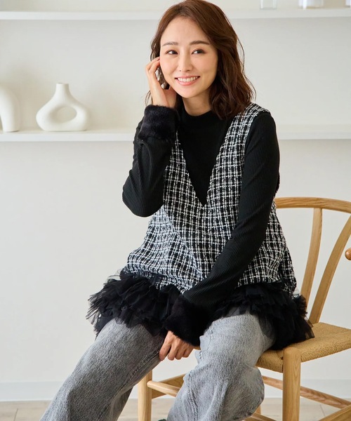 M y u（ミュー）の「裾チュールフリル　ジャンパースカート（ワンピース・レディース・ホワイト/ブラック・ML/SM）」の9枚目の写真