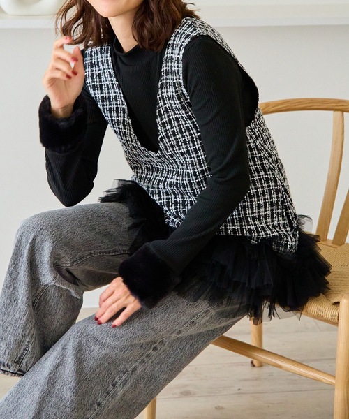 M y u（ミュー）の「裾チュールフリル　ジャンパースカート（ワンピース・レディース・ホワイト/ブラック・ML/SM）」の10枚目の写真