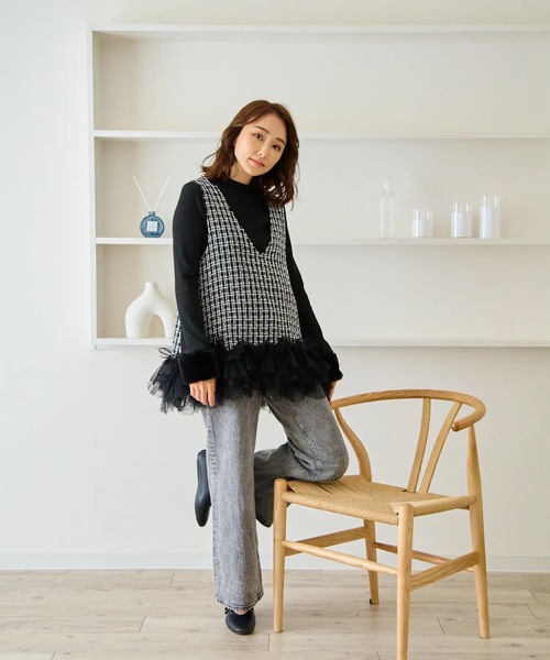 M y u（ミュー）の「裾チュールフリル　ジャンパースカート（ワンピース・レディース・ホワイト/ブラック・ML/SM）」の12枚目の写真