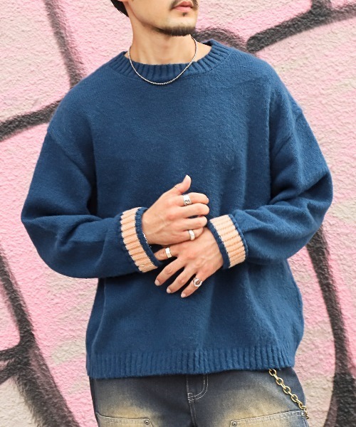 LUXSTYLE(ラグスタイル)の「無地クルーネックニット(ニット/セーター・メンズ・アイボリー/ブラック/ブルー・M/L)」の1枚目の写真