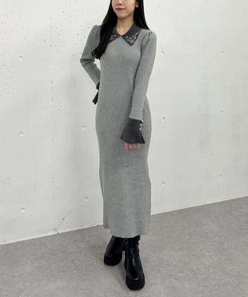 【セール】刺繍カラークラシカルリブニットワンピース（ワンピース）｜archives（アルシーヴ）