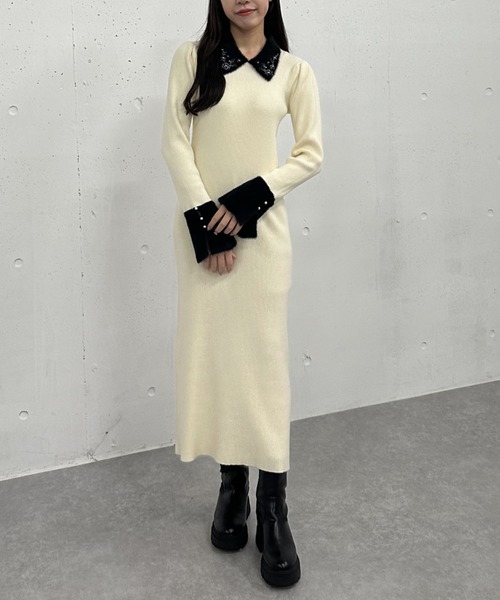 【セール】刺繍カラークラシカルリブニットワンピース（ワンピース）｜archives（アルシーヴ）