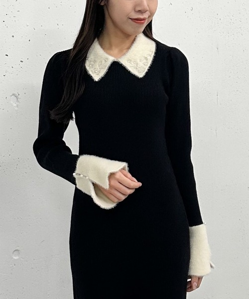 【セール】刺繍カラークラシカルリブニットワンピース（ワンピース）｜archives（アルシーヴ）