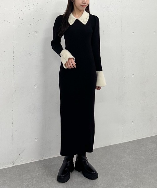 【セール】刺繍カラークラシカルリブニットワンピース（ワンピース）｜archives（アルシーヴ）