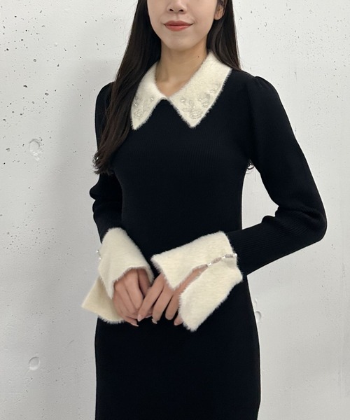 【セール】刺繍カラークラシカルリブニットワンピース（ワンピース）｜archives（アルシーヴ）