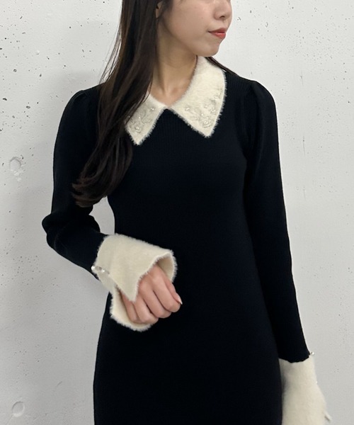 【セール】刺繍カラークラシカルリブニットワンピース（ワンピース）｜archives（アルシーヴ）