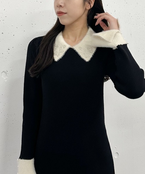 【セール】刺繍カラークラシカルリブニットワンピース（ワンピース）｜archives（アルシーヴ）