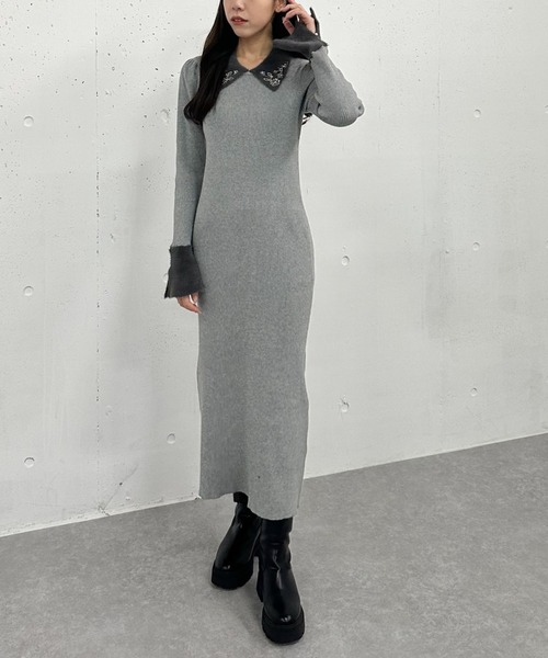 【セール】刺繍カラークラシカルリブニットワンピース（ワンピース）｜archives（アルシーヴ）