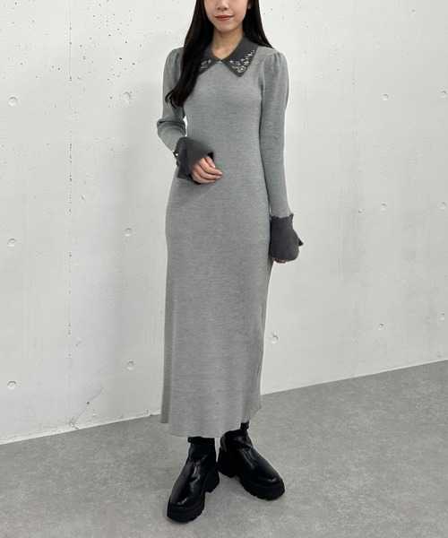 【セール】刺繍カラークラシカルリブニットワンピース（ワンピース）｜archives（アルシーヴ）