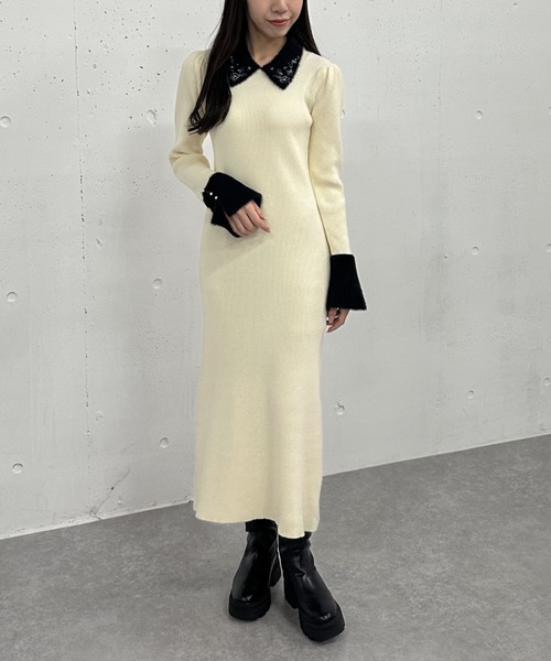 【セール】刺繍カラークラシカルリブニットワンピース（ワンピース）｜archives（アルシーヴ）