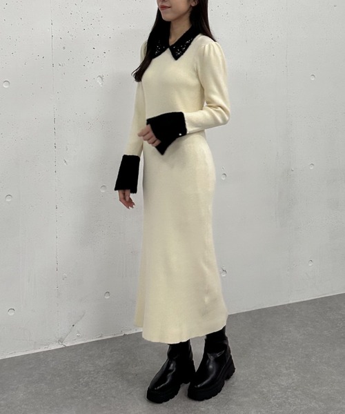 【セール】刺繍カラークラシカルリブニットワンピース（ワンピース）｜archives（アルシーヴ）