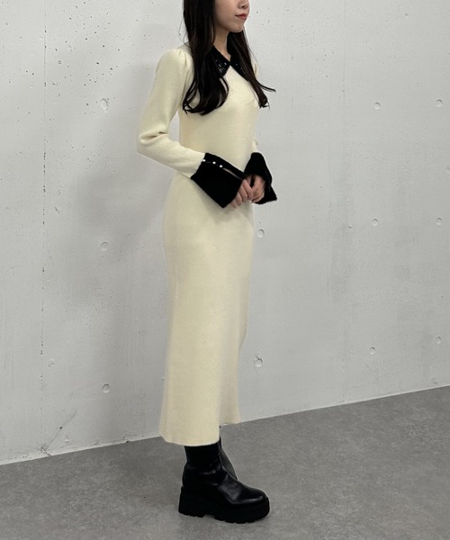 【セール】刺繍カラークラシカルリブニットワンピース（ワンピース）｜archives（アルシーヴ）