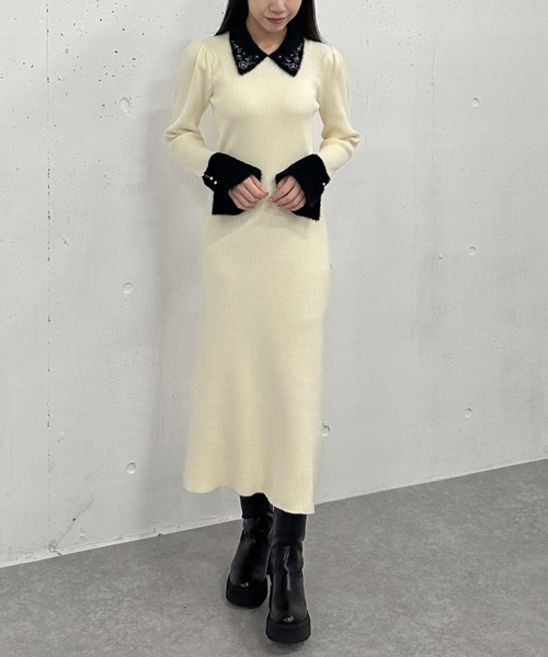 【セール】刺繍カラークラシカルリブニットワンピース（ワンピース）｜archives（アルシーヴ）