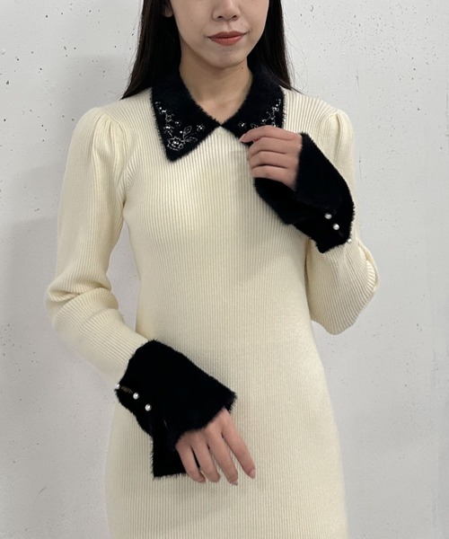 【セール】刺繍カラークラシカルリブニットワンピース（ワンピース）｜archives（アルシーヴ）