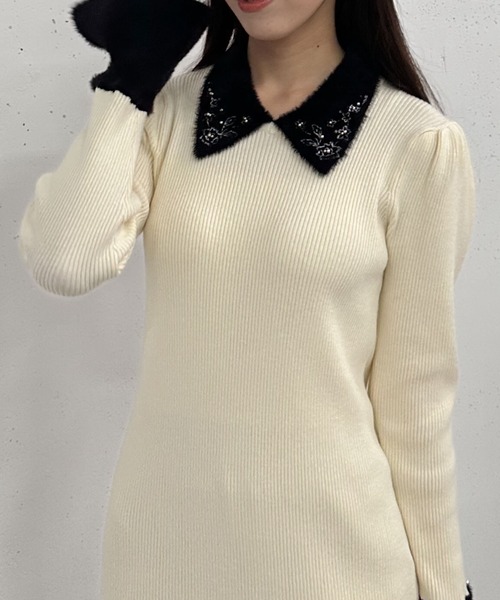 【セール】刺繍カラークラシカルリブニットワンピース（ワンピース）｜archives（アルシーヴ）