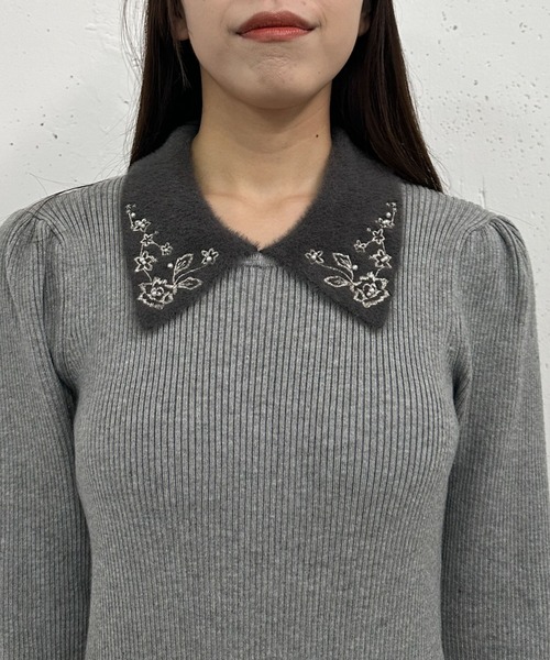 【セール】刺繍カラークラシカルリブニットワンピース（ワンピース）｜archives（アルシーヴ）