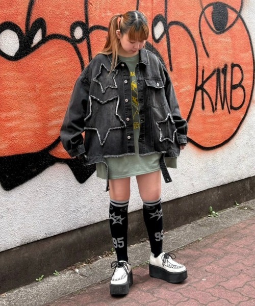 【美品】キャンディストリッパー　パッチワーク　デニムブルゾン　ダメージ加工　M セール】STAR PATCHED DENIM ジャケット（デニムジャケット