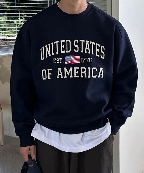 Revo.（レボ）の「【KOREAN SELECT】UNITED STATES 星条旗 ロゴプリント 裏起毛 ビッグシルエット スウェット プルオーバー（スウェット・メンズ・ブラック/アッシュグレー/グレー/ネイビー・FREE）」の4枚目の写真