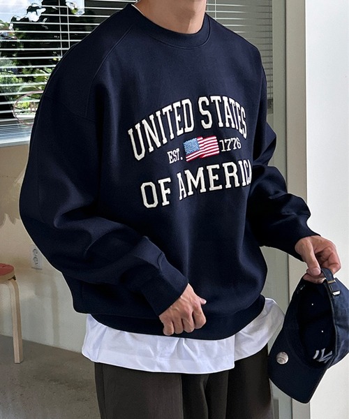 Revo.（レボ）の「【KOREAN SELECT】UNITED STATES 星条旗 ロゴプリント 裏起毛 ビッグシルエット スウェット プルオーバー（スウェット・メンズ・ブラック/アッシュグレー/グレー/ネイビー・FREE）」の12枚目の写真