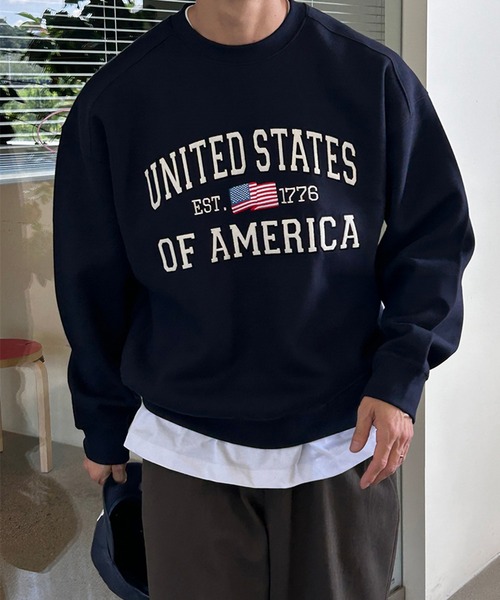 Revo.（レボ）の「【KOREAN SELECT】UNITED STATES 星条旗 ロゴプリント 裏起毛 ビッグシルエット スウェット プルオーバー（スウェット・メンズ・ブラック/アッシュグレー/グレー/ネイビー・FREE）」の10枚目の写真