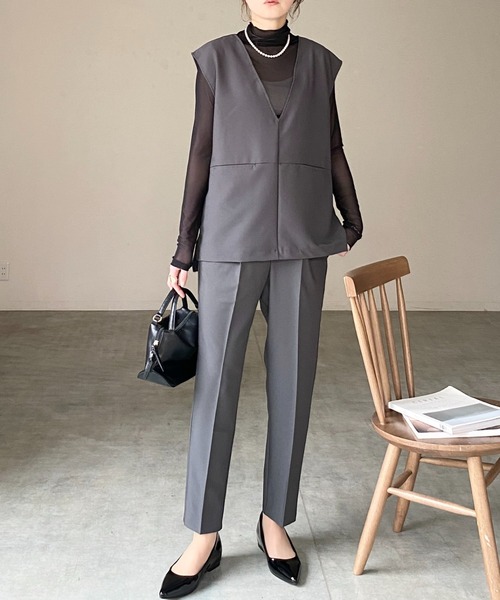セール】ノーカラー深Vネックベスト＆パンツスタイル セットアップ