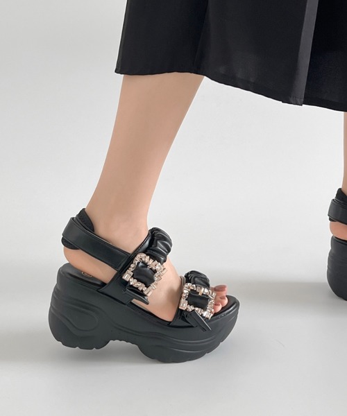 Shoes in Closet(シューズインクローゼット)の「【再入荷】+9.0㎝ 軽量厚底 ダブルベルト ビジューバックル スポーツサンダル 5920(サンダル・レディース・ホワイト/ベージュ/ブラック×ブラック・LL/S/M/L)」の14枚目の写真