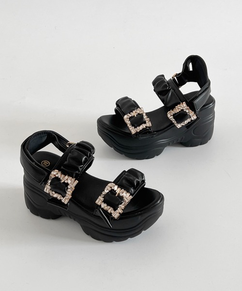 Shoes in Closet(シューズインクローゼット)の「【再入荷】+9.0㎝ 軽量厚底 ダブルベルト ビジューバックル スポーツサンダル 5920(サンダル・レディース・ホワイト/ベージュ/ブラック×ブラック・LL/S/M/L)」の15枚目の写真