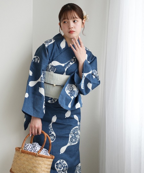 手染め注染浴衣3点セット utatane×注染工房 赤坂紬 青藍にきなり