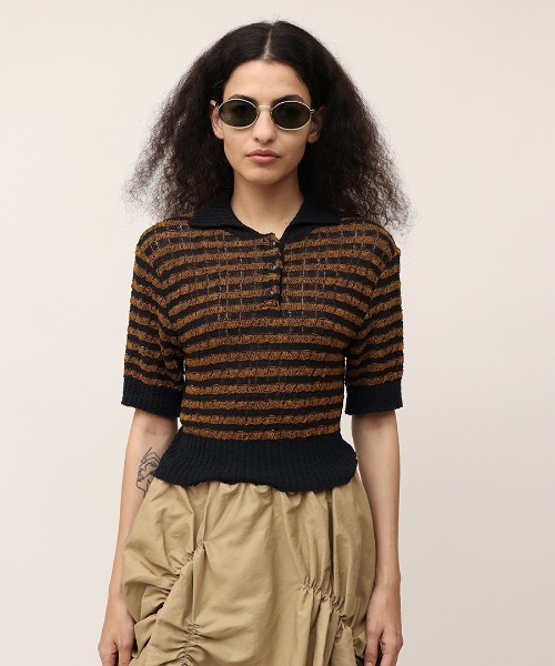 leinwande / ラインヴァンド　シアーポロシャツ セール】Konjac Yarn Border Polo（ポロシャツ）｜leinwande