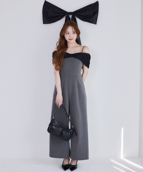one after another NICE CLAUP（ワンアフターアナザーナイスクラップ）の「【Black collection】リボンロンパース（つなぎ/オールインワン・レディース・グレー系その他/ブラック×ホワイト/アイボリー・MEDIUM/SMALL）」の3枚目の写真