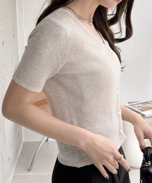 Ada.(エイダ)の「パイピングデザイン 半袖 カーディガン サマーニット トップス(カーディガン/ボレロ・レディース・ブラック/ベージュ/ホワイト/グリーン・FREE)」の20枚目の写真