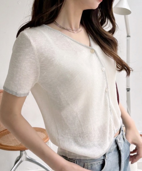 Ada.(エイダ)の「パイピングデザイン 半袖 カーディガン サマーニット トップス(カーディガン/ボレロ・レディース・ブラック/ベージュ/ホワイト/グリーン・FREE)」の7枚目の写真
